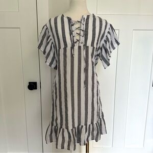 100% Cotton White & Grey Striped Dress with Lace Up Neckline | Size S